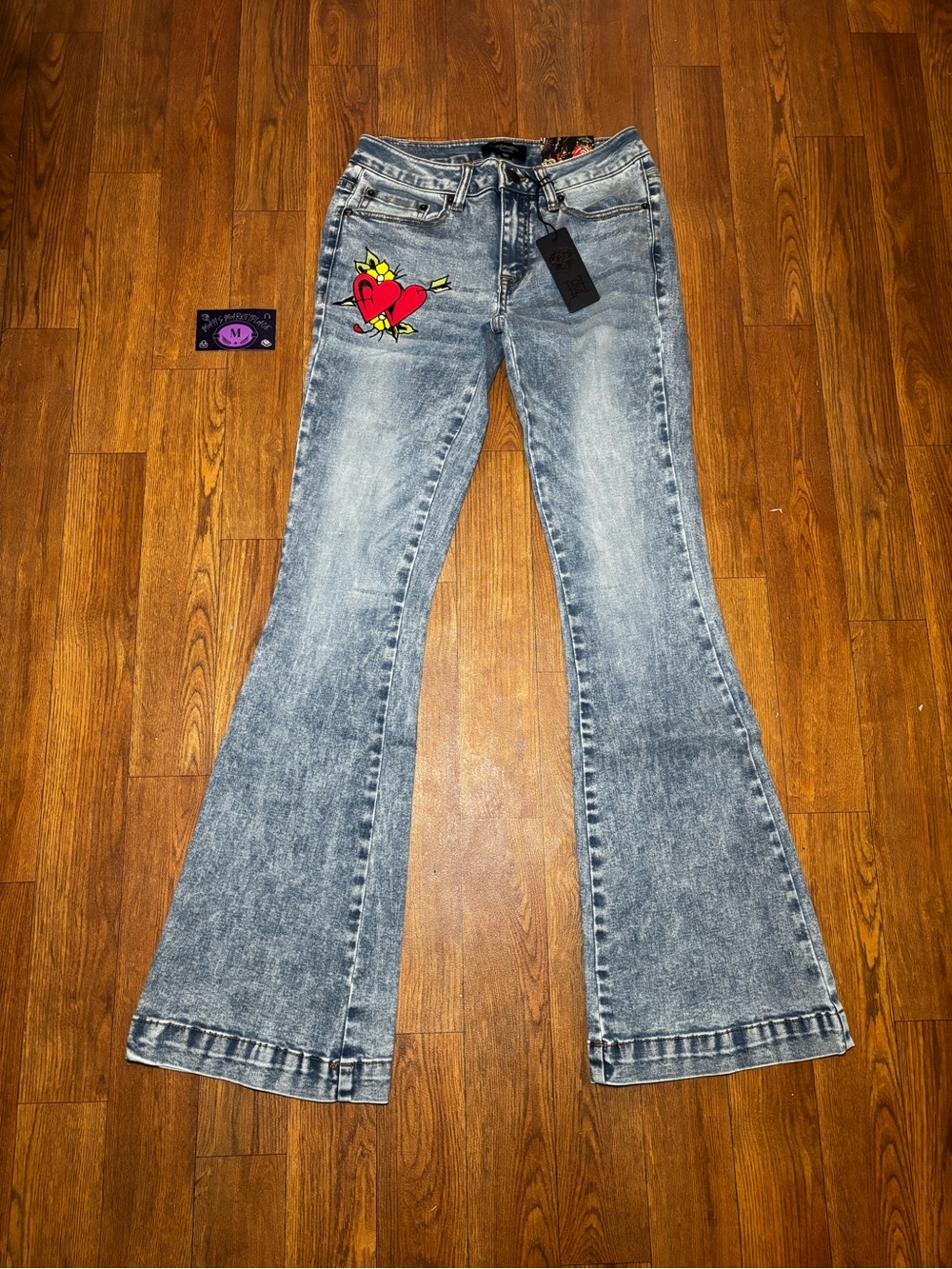 Ed Hardy Light Blue Flared Jeans with Red Heart Patch